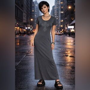 Vintage Y2K Sheer Over Slip Dress Slim Rhinestone Cross Medium Runs Small NWT
